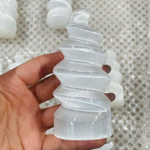 Natural Selenite Carved Spiral Pyramid Tower Healing Crystal Wand Palm Wicca Decor Gift