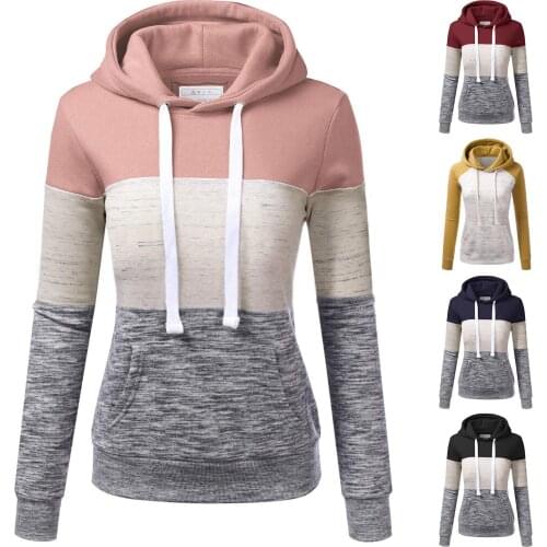 New Leisure Women Autumn Winter Patchwork Long Raglan Sleeve Color Block Hoodie Pocket Sweatshirt Outwear