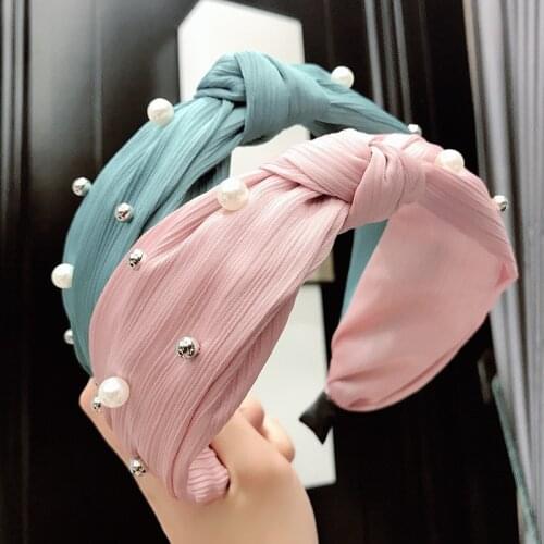 Fashion Wide Side Hairband Lovely Turban Knot Head Bands Pearl Hair Accessories Fresh Women Cute Hair Hoop Solid Color Hairbands