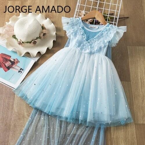 Girl Starry Sky Dress Sequins Lace Blue Sundress Sleeveless Princess Dress Clock can Remove Baby Clothes E81203