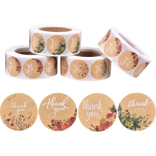 Latest 500pcs/roll Floral Thank You Stickers for seal labes Brown Kraft Festival Decorative Stationery Stickers