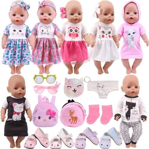 Doll Clothes Cat Skirt Headband,4 Items /Set Cute Kitty Shoes Fit 18 Inch American Doll &43 cm Born Baby Generation Girls Toy
