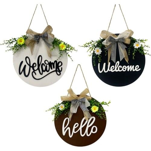 Welcome Sign Wreath Fake Flower for Front Door Wall Indoor Outdoor Greenery Garland Farmhouse Home Cafe Bar Hanging Decor