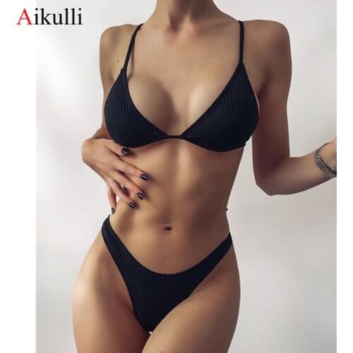 Sexy Thong Bikinis Swimsuits Women Solid Swimwear Push Up Bikini Set 2021 Summer Swimming Biquini Bathing Suit Female Beachwear