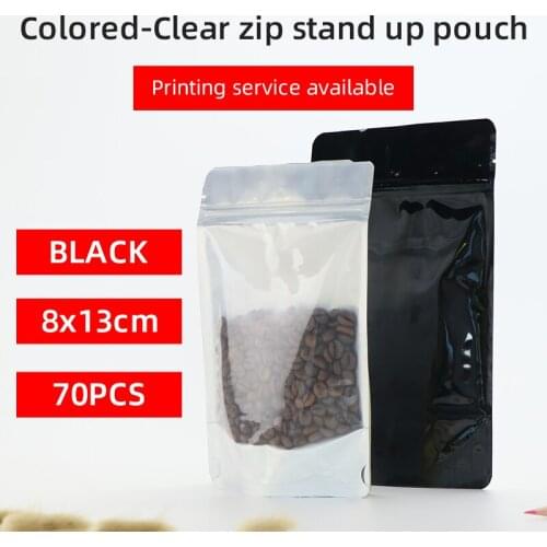 8x13cm 70pcs black stand up pouch with zip aluminum foil zip lock bag black and clear packaging bag for Tea coffee pet food