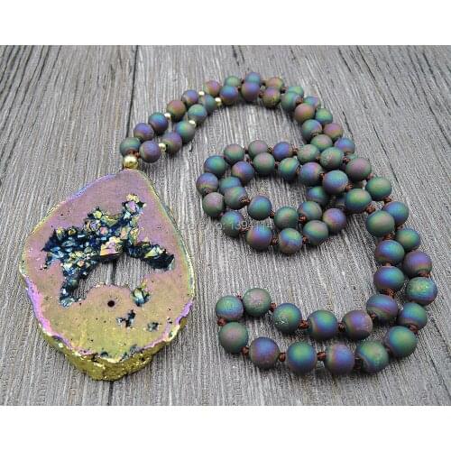Titanium Rainbow Crystal Geode Pendants Necklaces 8mm Agat e Round Beads Knot Handmade 30inch 40inch