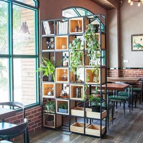 Iron Partition Screen Industrial Style Display Rack Shelf Solid Wood Living Room Bookshelf Office Decoration Cabinet