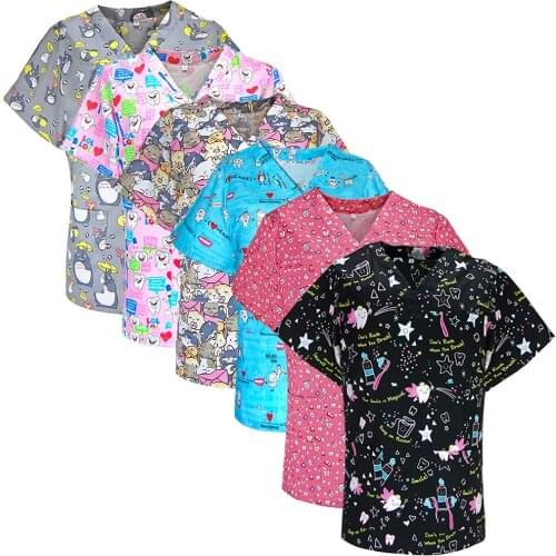 New Women Scrub Top Cartoon Print Nurse Uniforms Short Sleeve V-neck Tops Casual Nurse Working Uniform T-shirts Tops Unisex