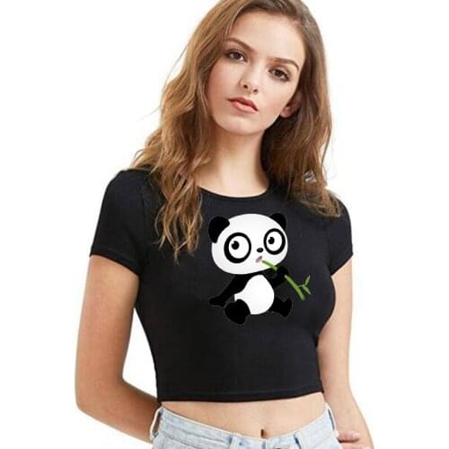 New Sexy Women T-shirt Summer High Waist Skinny Female Short Top Tees Casual Korean Style Panda Printed Girl Crop Top