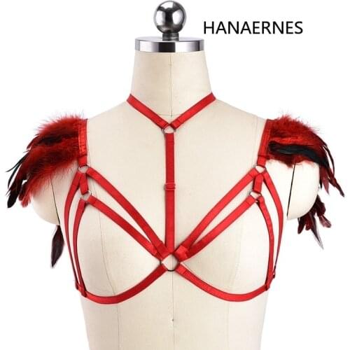 Women Feather Bra Body Harness Bra Chest Bondage Erotic Lingerie Cage Bra Festival Clothing Body Cage Chain Harness Goth Clothes