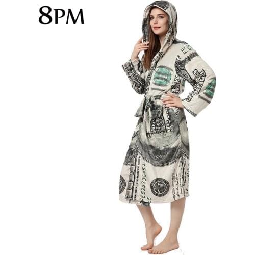 Womens Flannel Robes Coral Velvet Bathrobe Dollar Print Comfortable Simple Long Sleeve Bathrobe Knee Length Bath Gown ouc195