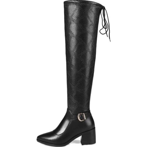 New Fashion Women Knee High Boots Nice Round Toe Square Heels Boots Elegant Black Shoes Woman US Size 4-13