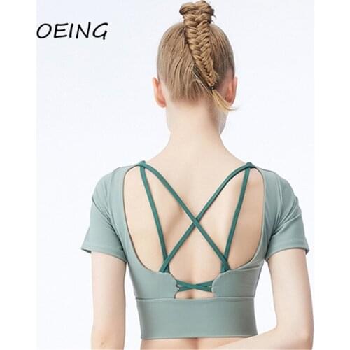 Women Seamless Short Sleeve Yoga Gym Crop Top with Underwear Strappy Back Clothes