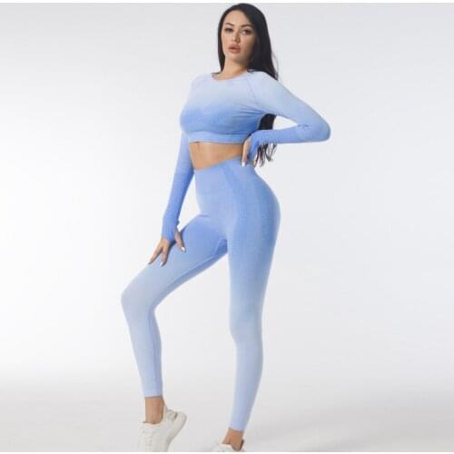 Womens Yoga Set Jacquard Gradient Color Sportswear Gym Clothing Fitness Long Sleeve Crop Top High Waist Leggings Sports Suits