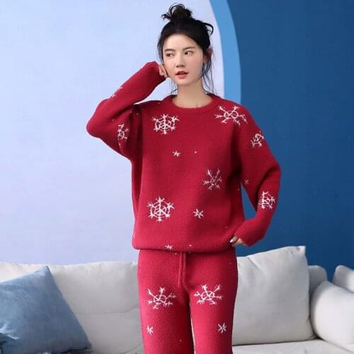 Women Winter Wool Pajama Sets Christmas Snow Round Neck Pullovers Red Coat Full Length Pants Fashion Cashmere Female Homewear