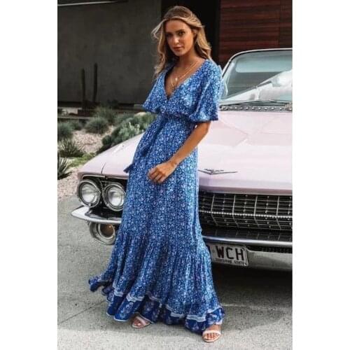 2021 Elegant Casual Summer Bohemian Woman Dress Printing A-LINE V-Neck Collect Waist Draw String Ankle-Length Holiday Dress