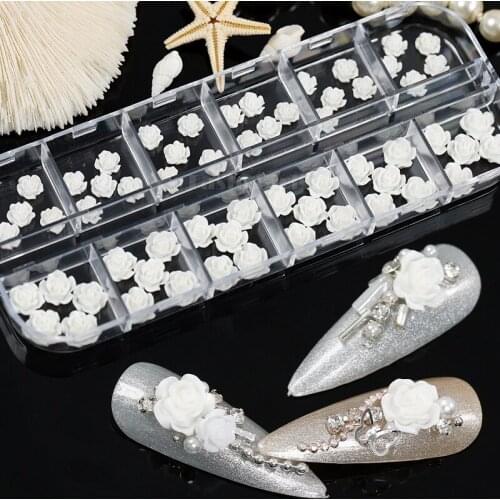 1 Set 48/60/72PCS 3D Candy White Rose Dyeing Petal Flowers Arylic Nail Art Rhinestone Ornaments Manicure DIY Tips