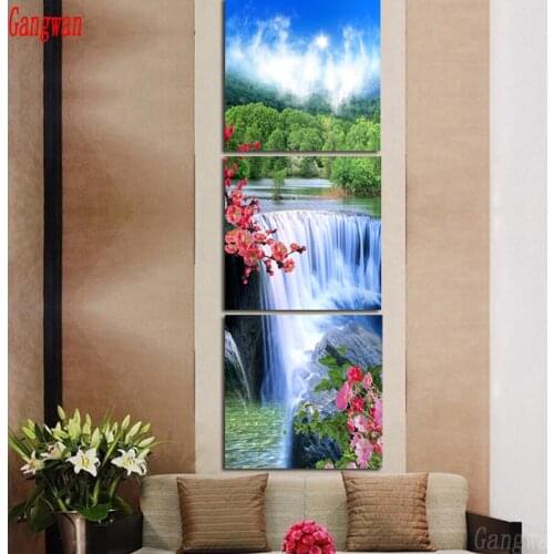 5d diy diamond painting diamond embroidery full display cross-stitch 3 Panel waterfall flower blue sky pattern mosaic new year