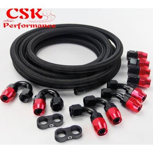 AN10 Stainless Steel /Nylon Braided Oil Line / Hose +Fitting Hose End Adaptor Kit Black/Silver
