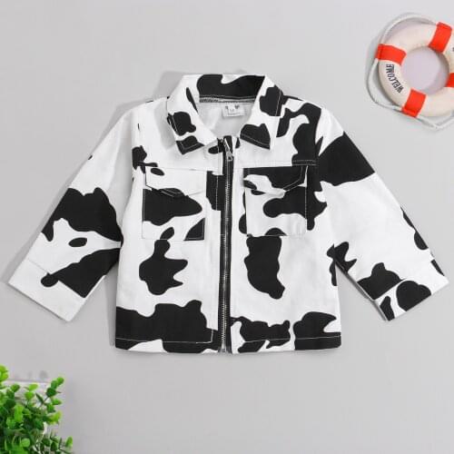 Spring Autumn Unisex Children Cow Print Coat Loose Fit Long Sleeve Lapel Neck Zip-up Tops with Pockets