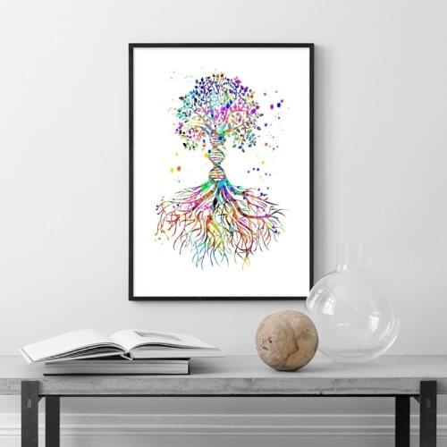 DNA Tree Watercolor Art Print Medical Science Gift Decor Biology Office Double Helix DNA Trunk Poster Canvas Painting Picture