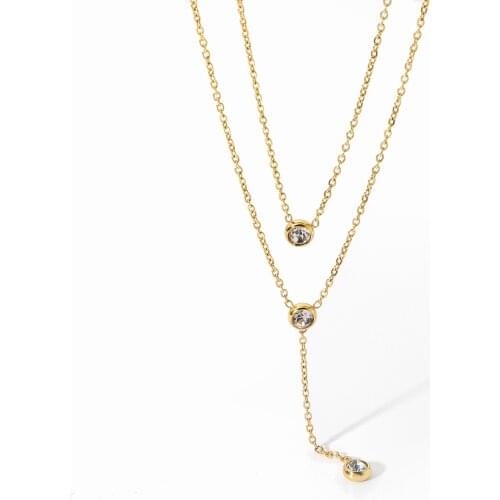 Stainless Steel Double Layer Y Shape Chain Zircon Pendant Necklace For Women Statement Choker Necklace