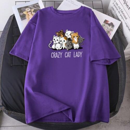 T-shirts Woman Crazy Cat Lady K-pop Summer Tops Short Sleeve Oversize Tees High Quality Casual Female Clothing Short Sleeve 2021