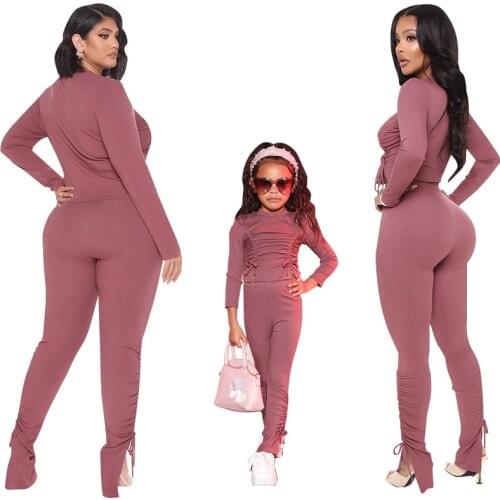 2PCS Mam and Daugther Clothes Set Solid Long Sleeve Shirring Top Full Length Pencil Pant Mother Girl Kid Matching Family Outfits