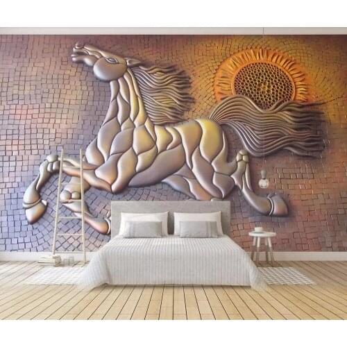 Creative 3D golden relief galloping horse background wall decoration murals