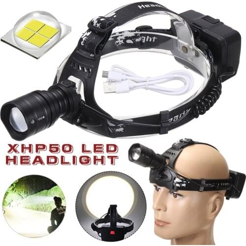 Powerful XHP50 LED Zoom Headlight USB Rechargeable Outdoor Hunting Headlamp Head Lamp Torch Head Light 3 lighting modes
