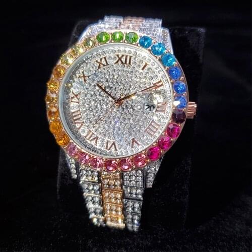 Hip Hop MISSFOX Men Iced Out Watches Colorful Diamond Date Quartz Wristwatches Stainless Steel Strap Watch For Fathers Jewelry