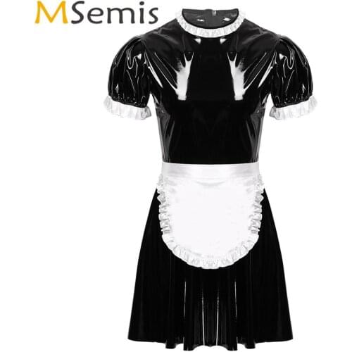 Mens Sissy Erotic Cosplay Costumes Fantasias Slave Maid Roleplay Latex Apron Dress Uniform Wet Look Leather Servant Flared Dress