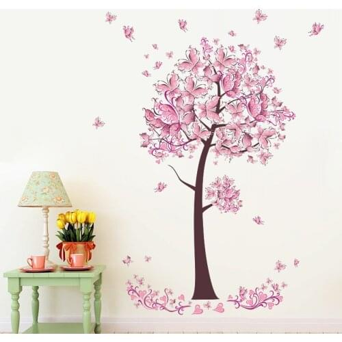 Pink butterfly flower Tree Wall Stickers Decals Girls Women Flower Mural Vinyl Wallpaper Home Living Room Bedroom Decor