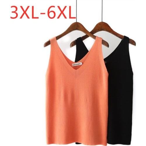 New 2021 Ladies Summer Plus Size Tank Tops For Women Large Sleeveless Slim Elastic Orange Black Knit V-neck Vest 3XL 4XL 5XL 6XL