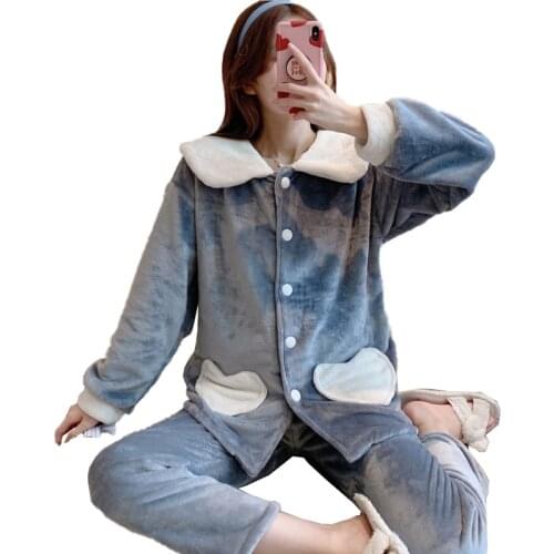 Christmas Pajamas Women Cute Printed Flannel Thickened Warm Cartoon Two-piece Female Pajamas Home Casual Clothing
