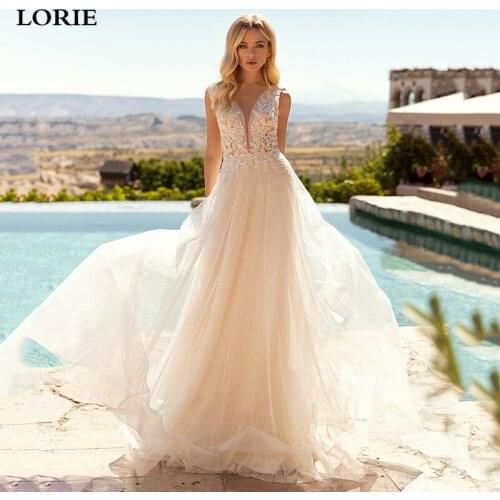 LORIE Sexy V Neck Wedding Dress 2021 Lace Applique Floral A Line Open Back Bridal Gowns Vestido de novia