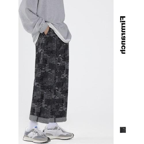 Fall Spring Men/Women Newspaper Pattern knitted Jeans Ins High Street Wide Leg Denim Pants Loose Casual Long Trousers