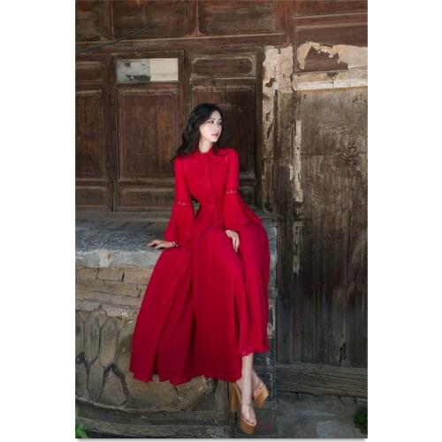 Free ship red flare sleeve stand lace collar vintage dress Renaissance princess Victorian dress/Marie long dress