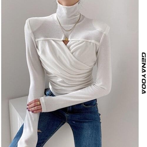 Genayooa Srping Slim T Shirt Women Korean Style Long Sleeve Turtleneck Streetwear Hollow Out Criss Cross Tops Femme Fashion New