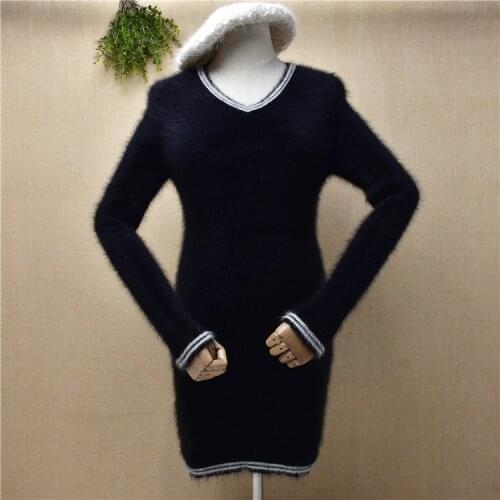Ladies women fashion black hairy mink cashmere knitted v-neck slim bottoming blouses pullover angora fur jumper sweater dress