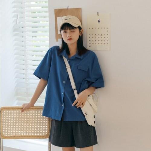 Japan Style Women Casual Shirt Navy Blue Turn-down Collar Short Sleeve Shirts Single Breasted Oversized Summer Girls Blouse Tops