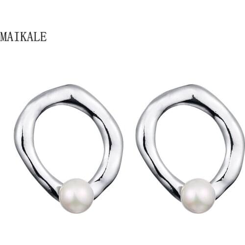 MAIKALE Classic Stud Earrings with Pearl 8MM Imitation-pearl Gold Silver Color Earing Twist Metal Oval Earring for Women Gift