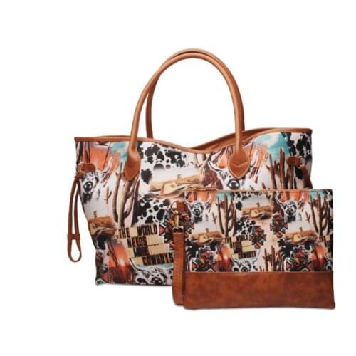 2021 New Designer Print Tote and Wristlet Bags Set Women PU and Cotton Big Size Spring and Summer Bag Set