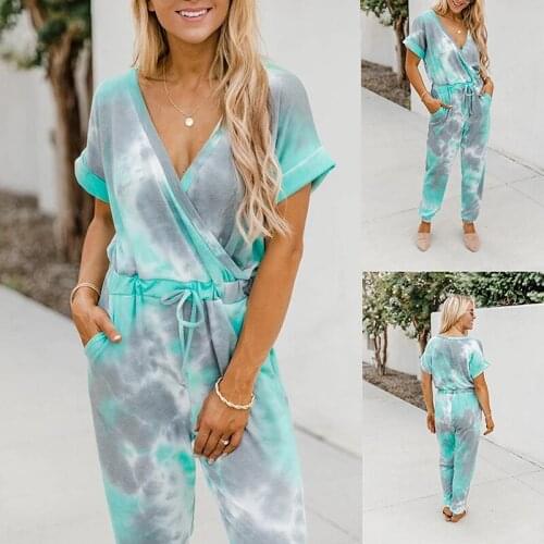 2021 Fashion Autumn Street Trend Womens Tie-dye Printing V-neck Short-sleeved Casual Jumpsuit Womens Clothing