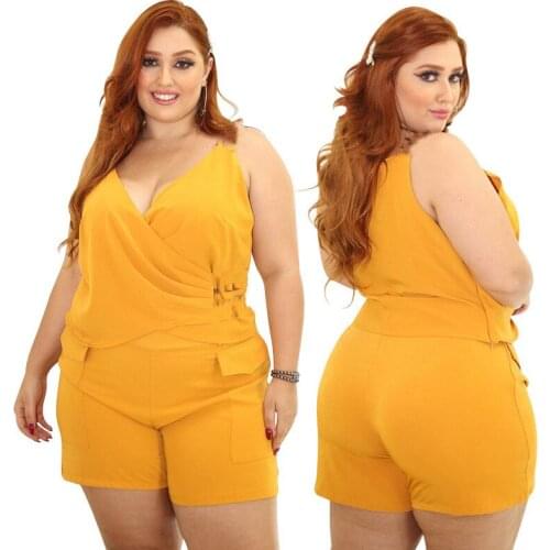 Plus Size Women Sexy Deep V-neck Two Pieces Fashion Sleeveless T-Shirts + High Waist Pockets Mini Shorts Outfits 2021 Summer