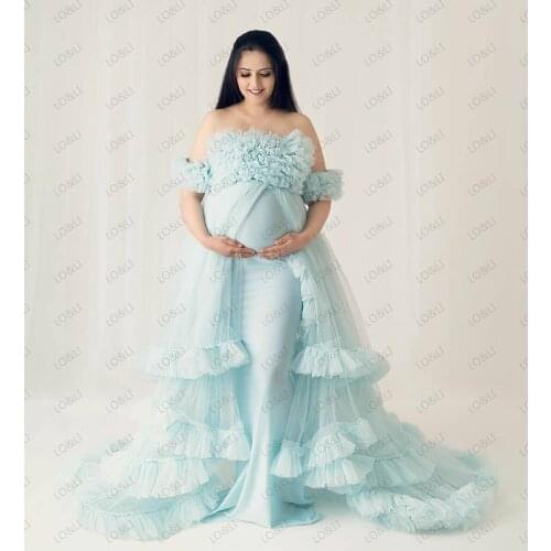 Lo&Li Puffy Tulle Maternity Dress for Photography Ruffled Long Sleeves Blue Maternity Robe Photo Shoot Dresses Women Prop Gown