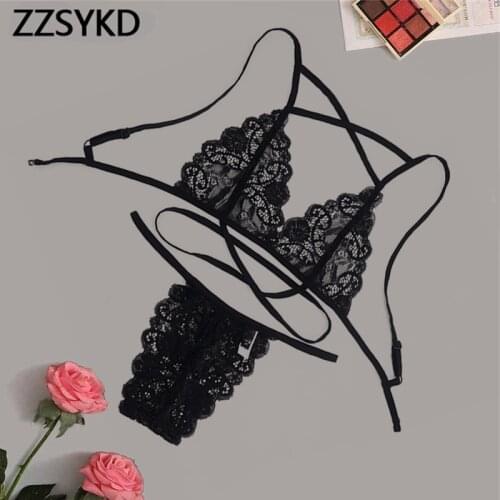 Ladies Sexy Underwear Transparent Sexy Lingerie Set Halter V-Neck Lace Bralette Womens Bra Brief Sets Thong Intimates Lenceria