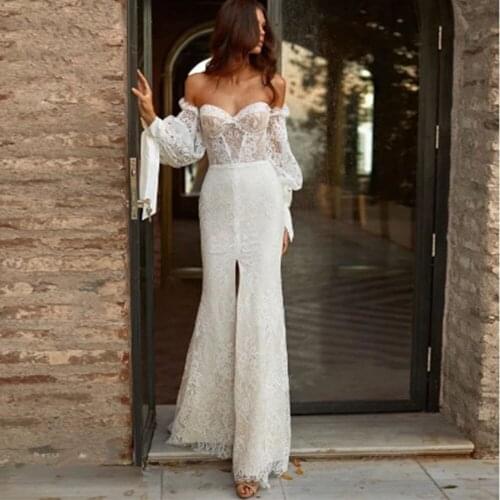 2021 Mermaid Wedding Dresses With Detachable Puffy Sleeve Sweetheart Off Shoulder Lace Appliques Sexy Front Split Bridal Gown