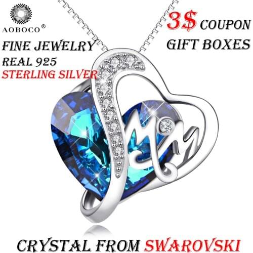 AOBOCO Brand Blue Heart LOVE MOM Pendant Necklaces Crystal From Swarovski With Gift Boxes For Mothers Day Fine Jewelry