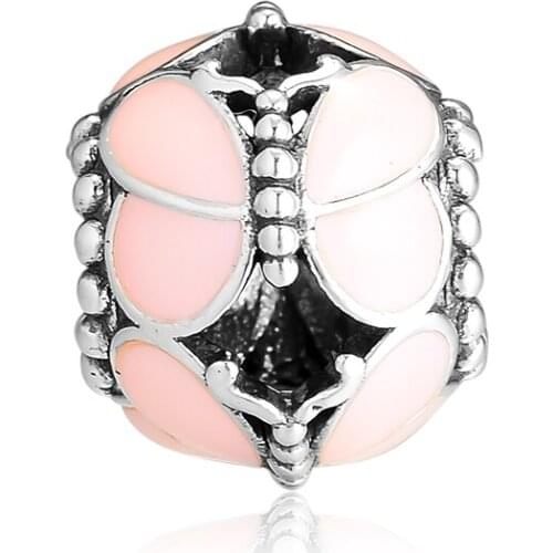 CKK Beads Pink Butterflies Charms 925 Original Fit Bracelet Sterling Silver Charm Bead for Jewelry Making Bijoux Kralen
